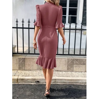 Kadın Kısa Kollu Yarı Balıkçı Yakalı Etek Ucu Fırfırlı Midi Ithal Krep Elbise