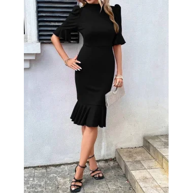 Kadın Kısa Kollu Yarı Balıkçı Yakalı Etek Ucu Fırfırlı Midi Ithal Krep Elbise