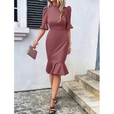 Kadın Kısa Kollu Yarı Balıkçı Yakalı Etek Ucu Fırfırlı Midi Ithal Krep Elbise