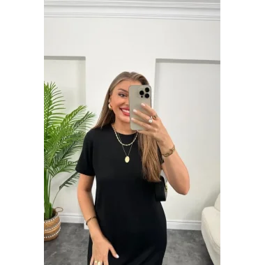 Kadın Kısa Kollu Yırtmaç Detaylı Salaş Viskon Elbise