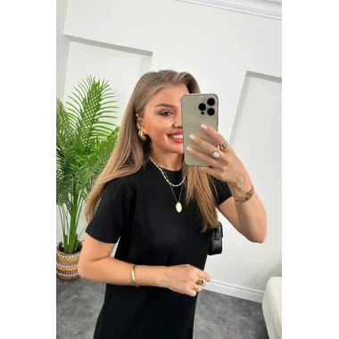 Kadın Kısa Kollu Yırtmaç Detaylı Salaş Viskon Elbise