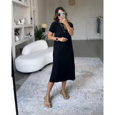 Kadın Kısa Kollu Yırtmaç Detaylı Salaş Viskon Elbise