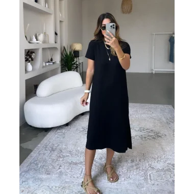 Kadın Kısa Kollu Yırtmaç Detaylı Salaş Viskon Elbise