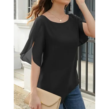 Kadın Kısa Yırtmaç Kollu Yuvarlak Yaka şifon Bluz