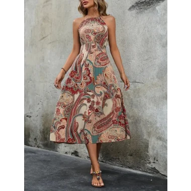 Kadın Kolsuz Boyundan Bağlamalı Beli Lastikli Etnik Desen Baskı Süprem Uzun Elbise