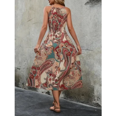 Kadın Kolsuz Boyundan Bağlamalı Beli Lastikli Etnik Desen Baskı Süprem Uzun Elbise