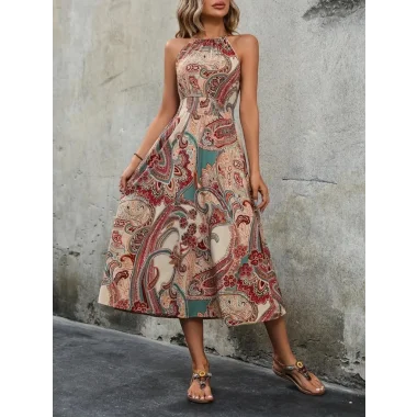 Kadın Kolsuz Boyundan Bağlamalı Beli Lastikli Etnik Desen Baskı Süprem Uzun Elbise