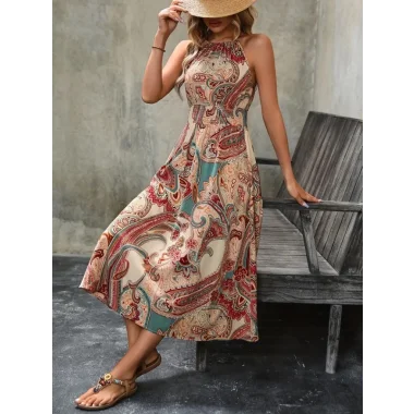 Kadın Kolsuz Boyundan Bağlamalı Beli Lastikli Etnik Desen Baskı Süprem Uzun Elbise