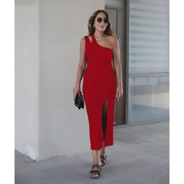 Kadın Kolsuz Tek Omuz Damla Detay JanJan Krep Elbise