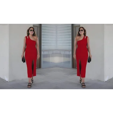 Kadın Kolsuz Tek Omuz Damla Detay JanJan Krep Elbise