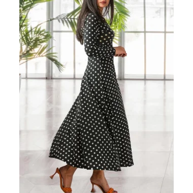 Kadın Krep Kumaş Uzun Kollu Tam Boy Puantiyeli Elbise 132 Cm