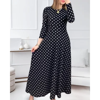 Kadın Krep Kumaş Uzun Kollu Tam Boy Puantiyeli Elbise 132 Cm