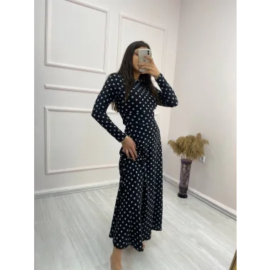 Kadın Krep Kumaş Uzun Kollu Tam Boy Puantiyeli Elbise 132 Cm