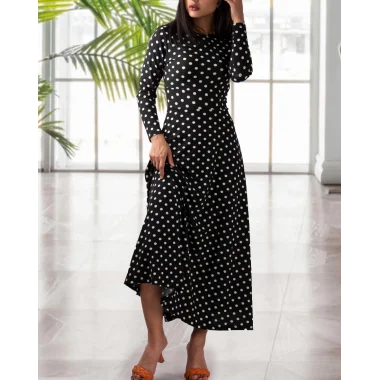 Kadın Krep Kumaş Uzun Kollu Tam Boy Puantiyeli Elbise 132 Cm