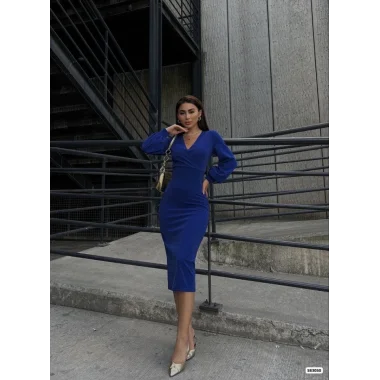 Kadın Kruvaze Yaka Balon Kol Simli Krep Kumaş Midi Boy Elbise