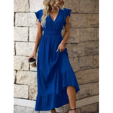 Kadın Kruvaze Yaka Beli Gipeli Bürümcük Kumaş Elbise