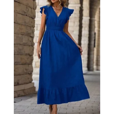 Kadın Kruvaze Yaka Beli Gipeli Bürümcük Kumaş Elbise