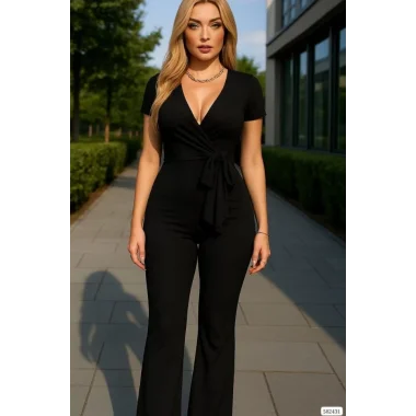 Kadın Kruvaze Yaka Kısa Kollu Kuşaklı Tulum