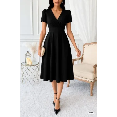 Kadın Kruvaze Yaka Kısa Kollu Midi Boy Krep Kumaş Elbise