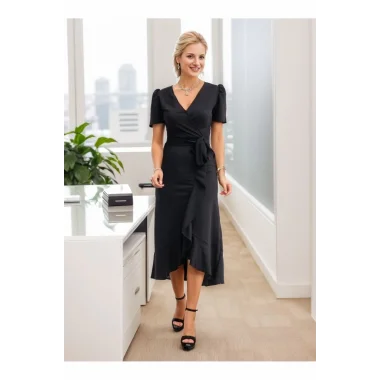 Kadın Kruvaze Yaka Midi Boy Kuşaklı Krep Elbise 120 Cm