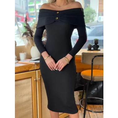 Kadın Madonna Yaka Düğme Detay Fırsat ürün Midi Boy Elbise