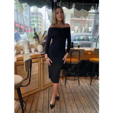 Kadın Madonna Yaka Düğme Detay Fırsat ürün Midi Boy Elbise