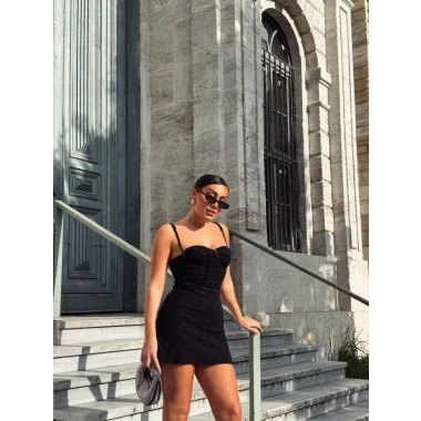 Kadın Omuz Askılı File Kumaş Likralı Mini Elbise