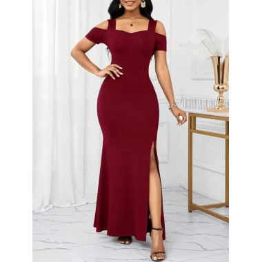 Kadın Omuzlardan Açık Askılı Yırtmaç Detaylı Uzun Ithal Krep Elbise