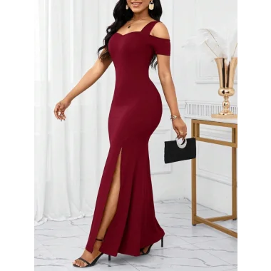 Kadın Omuzlardan Açık Askılı Yırtmaç Detaylı Uzun Ithal Krep Elbise