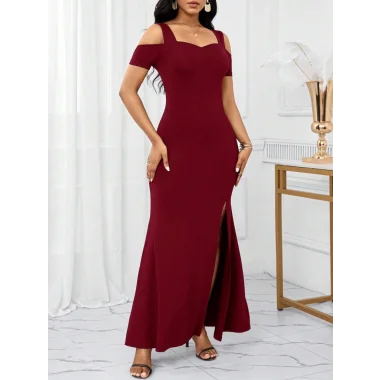 Kadın Omuzlardan Açık Askılı Yırtmaç Detaylı Uzun Ithal Krep Elbise