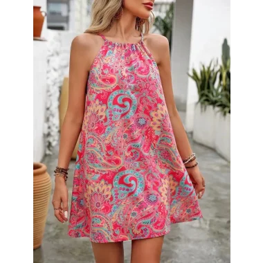 Kadın Omuzlardan Açık Boyundan Askılı çok Renkli Dokuma Elbise