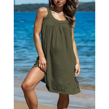 Kadın Omuzlardan Açık Yuvarlak Yaka Pileli Viskon Elbise