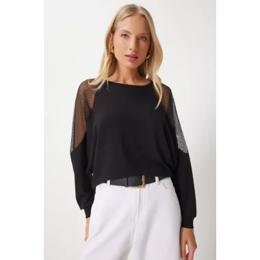 Kadın Pamuklu Kumaş Kolları Fileli Bluz