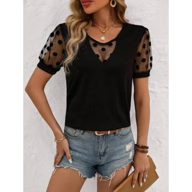 Kadın Puantiyeli Tül Kol Detay Sandy Kumaş Bluz