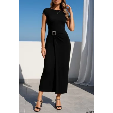 Kadın Sandy Kumaş Metal Toka Detaylı Midi Boy Elbise