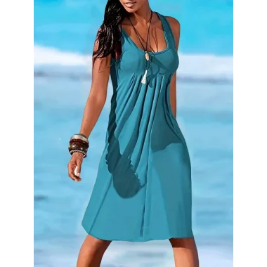 Kadın Sıfır Kol Göğüs Altı Pileli Viskon Elbise