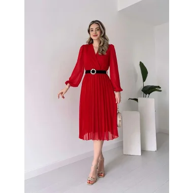 Kadın şifon Kumaş Astalı Kloş Kesim Kruvaze Yaka Midi Boy Elbise