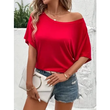 Kadın Tek Omuzu Açık Kısa Kollu Salaş Viskon Bluz