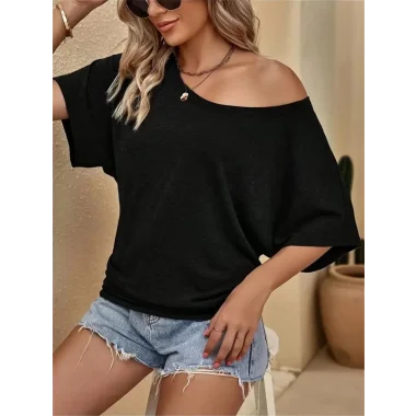 Kadın Tek Omuzu Açık Kısa Kollu Salaş Viskon Bluz