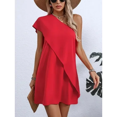 Kadın Tek Omuzu Açık önü Asimetrik Kesim Detaylı Sandy Elbise