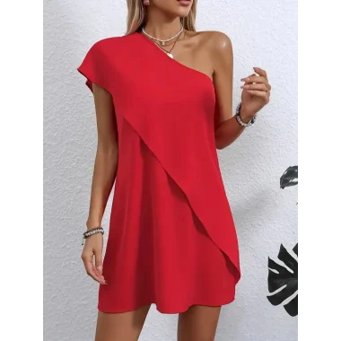 Kadın Tek Omuzu Açık önü Asimetrik Kesim Detaylı Sandy Elbise