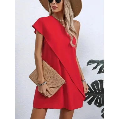 Kadın Tek Omuzu Açık önü Asimetrik Kesim Detaylı Sandy Elbise