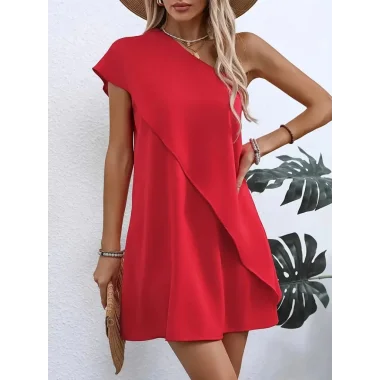 Kadın Tek Omuzu Açık önü Asimetrik Kesim Detaylı Sandy Elbise