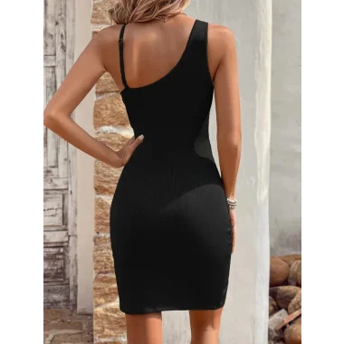 Kadın Tek Omuzu Ip Askılı Kruvaze Yakalı Belden Düğmeli Asimetrik Kesim Detaylı Kaşkorse Elbise