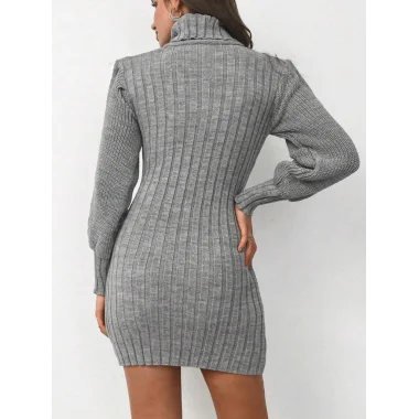 Kadın Uzun Kollu Balıkçı Yaka Beli Kuşaklı Mini Triko Elbise