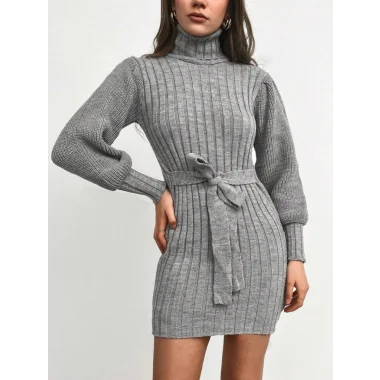 Kadın Uzun Kollu Balıkçı Yaka Beli Kuşaklı Mini Triko Elbise