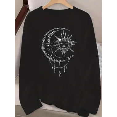 Kadın Uzun Kollu Bisiklet Yaka Ay Baskılı Viskon Bluz