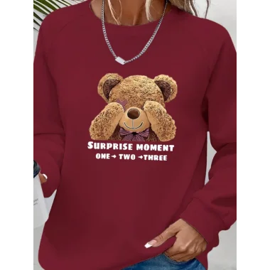 Kadın Uzun Kollu Bisiklet Yaka Ayıcık Desenli Viskon Iki Iplik Bluz