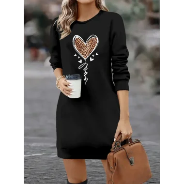 Kadın Uzun Kollu Bisiklet Yaka Kalp Desenli Kısa Viskon Elbise