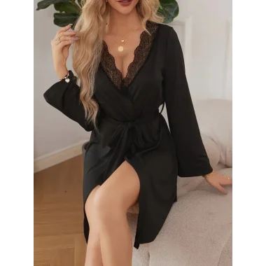 Kadın Uzun Kollu Dantel Yakalı Belden Kuşaklı Viskon Gecelik